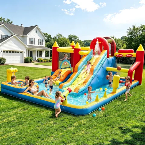 Jump 'N Slide Inflatable Bouncer for Kids, Heavy Duty Blower, Stakes Repair Patches Storage Bag, Indoor Outdoor Bounce House