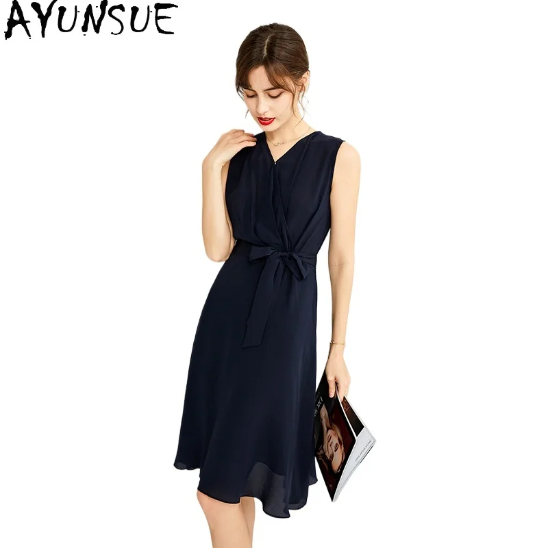 

AYUNSUE 100% Mulberry Silk Womens Dresses Elegant Dresses for Women Summer Clothes Sleeveless Midi Dress Vestidos De Mujer 2024