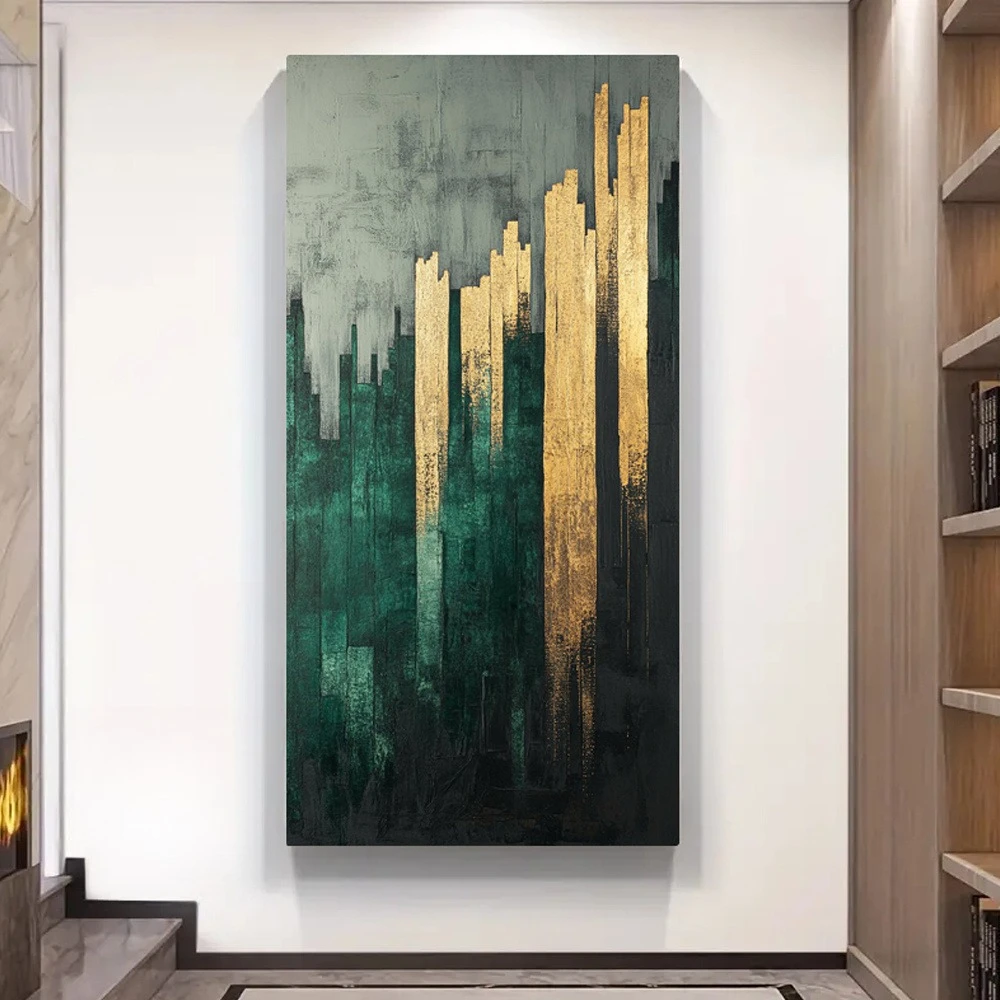 

2D/Flat Large Vertical Abstract Green & Golden Canvas Wall Art Frameless Minimalist Canvas Prints for Living Room & Office Decor