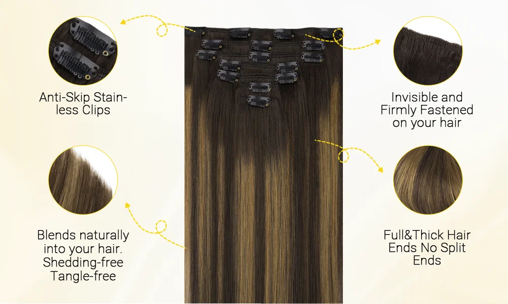 Sunmofavo Clip-in-Haarverlängerungen aus Echthaar, gerade, natürliches hellbraunes Honig-Ombré-Balayage, schwarze Haarteile für Frauen, voller Kopfbedeckung – Detail 3