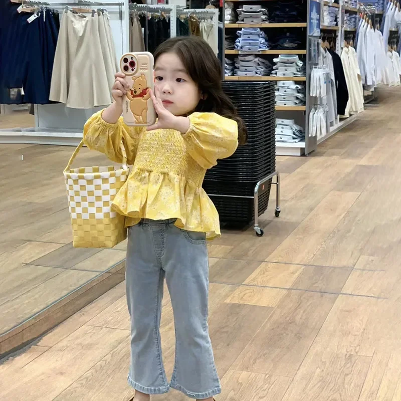 Clearance  Girl Clothes Korean Spring New Girl Baby Floral Long-sleeved Shirt Or Nine Trumpet Jeans Sweet Girl Clothes