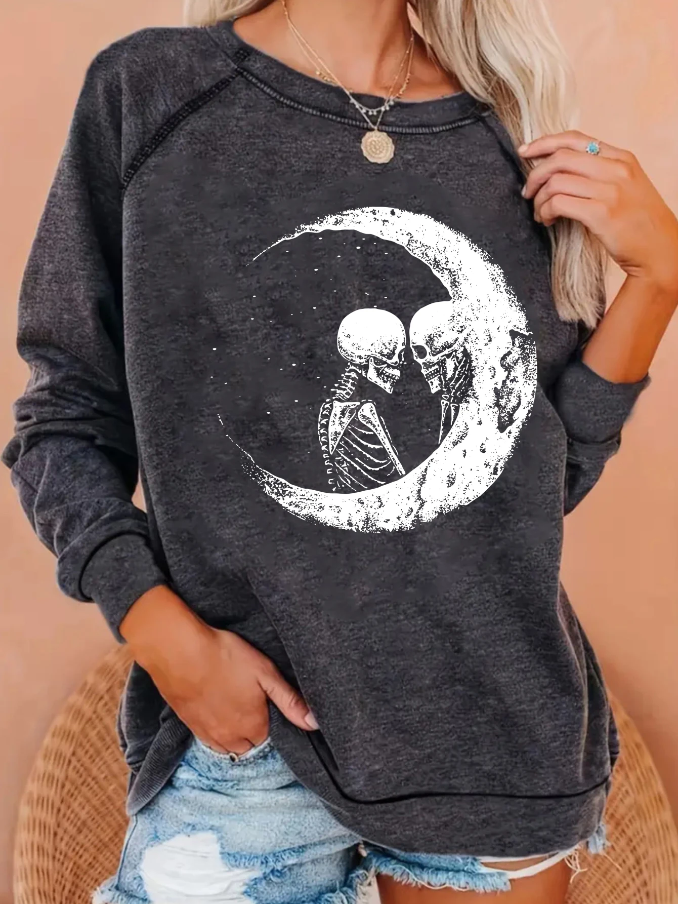 Halloween Skull series new fun Skull travel space printed crew neck long sleeve sweatshirt hoodie fall winter women\'s fashion