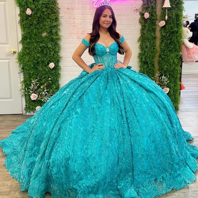 

Mint Green Shiny Ball Gown Quinceanera Dresses Off The Shoulder Sequin Applique Lace Beading Crystal Tull Beading Party Birthday