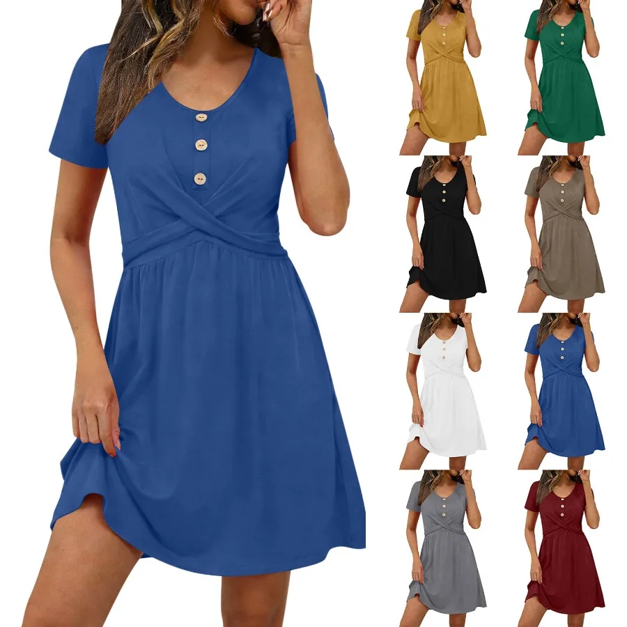 

【New style】2026 hot sale European and American style summer new short-sleeved all-match solid color dress button design A-line