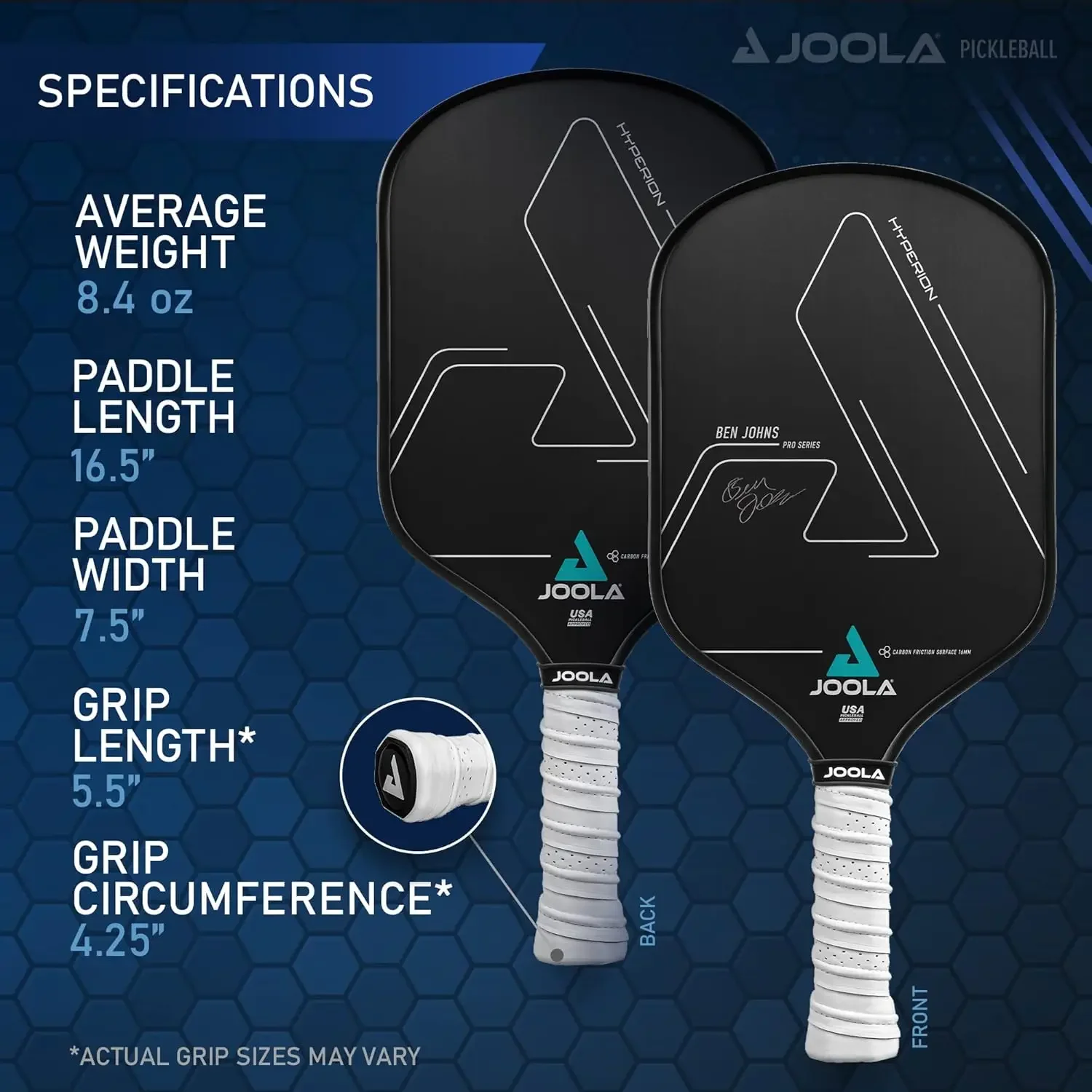 Pickleball Paddle - Carbon Surface & Sure-Grip Elongated Handle - Increased Power and Spin - Carbon Fib