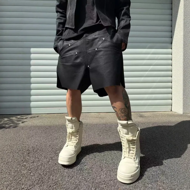 HKSH Spring Summer New Men's Tide Chic Faux Cowhide Cut Capris Avant-Garde Shorts Dark Punk Gothic Fashion Light Luxury HK24468