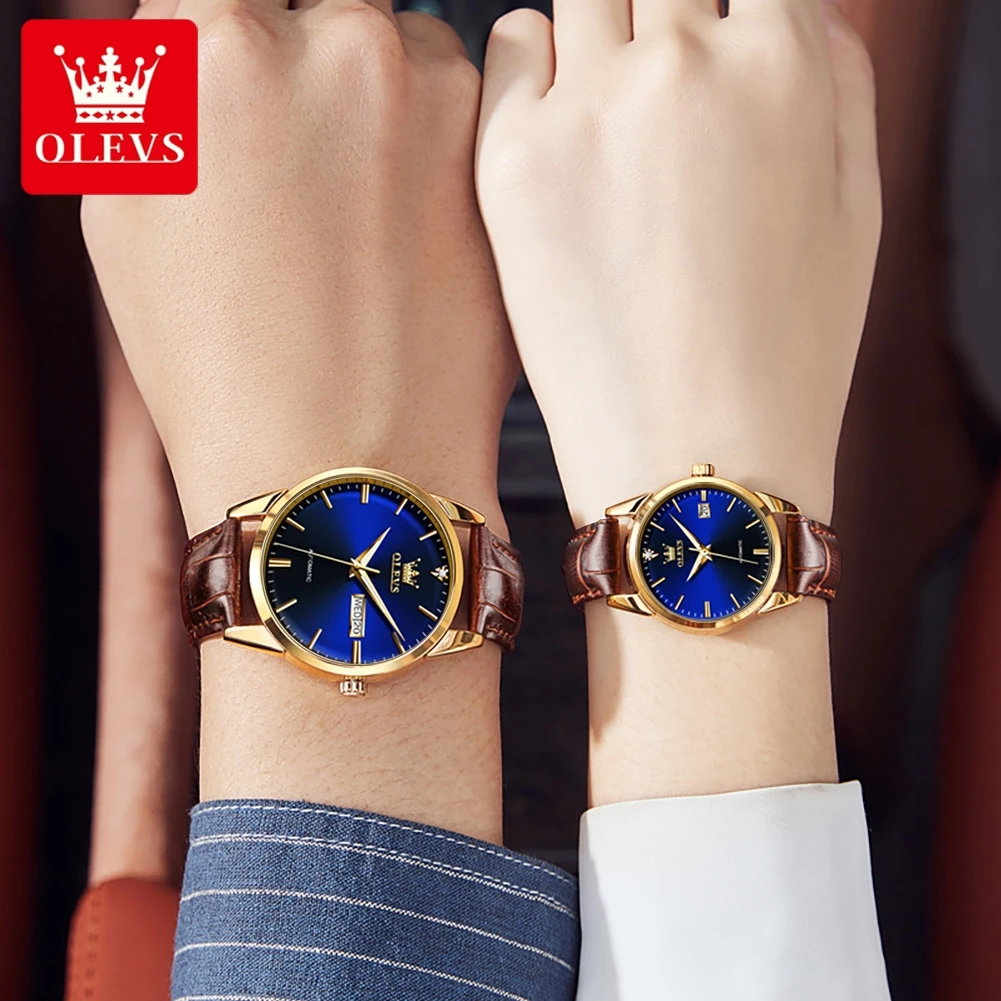 ساعات OLEVS للأزواج بسيطة كاجوال أصلية ميكانيكية أوتوماتيكية لمحبي مقاومة للماء ومضيئة لتاريخ الأسبوع #3
