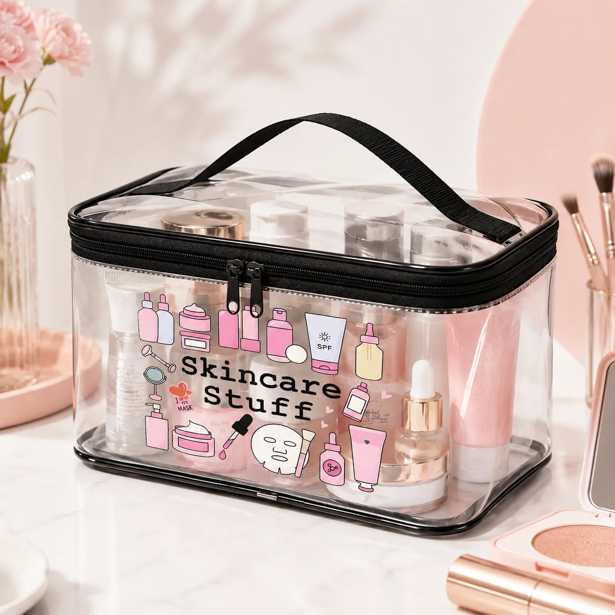 Clear PVC Skincare Bag, Cute Pink Print Cosmetic Organizer, Waterproof Travel Makeup Pouch for Women Bathroom Vanity