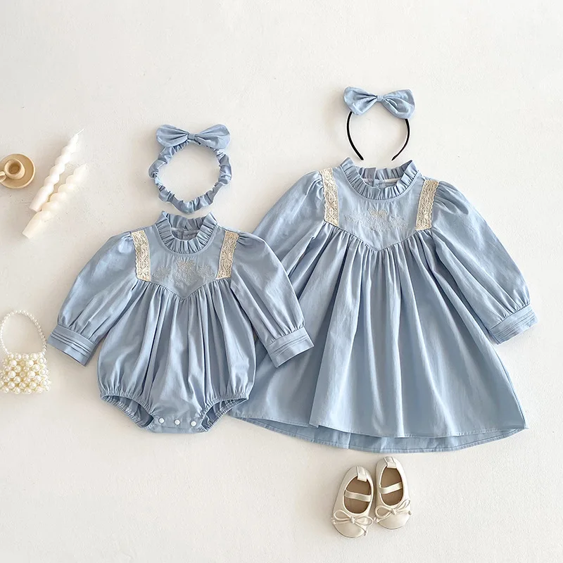 Little Sister Big Sister Outfit Baby Girl and Sister Matching Blue Princess Clothes Newborn Toddler Infant Bodysuit Kids Dress