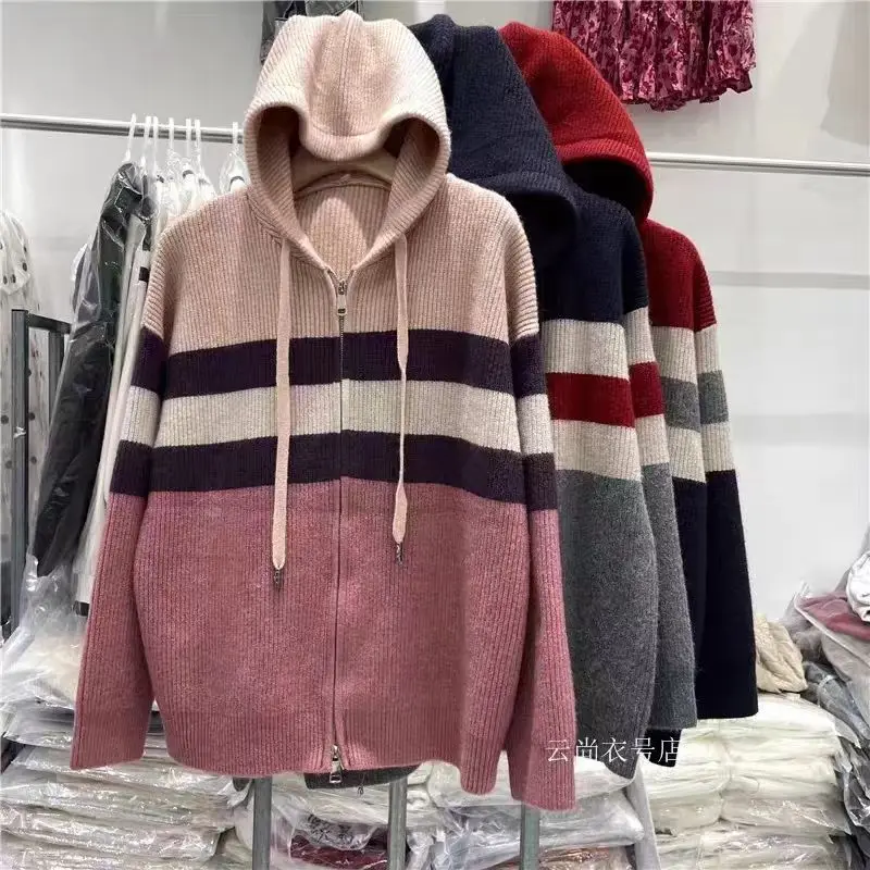 Korean Fashion Autumn New Sweaters Women\'s Hooded Striped Contrast Color Double Zipper Elegant Long Sleeve Cardigan Knitted Tops