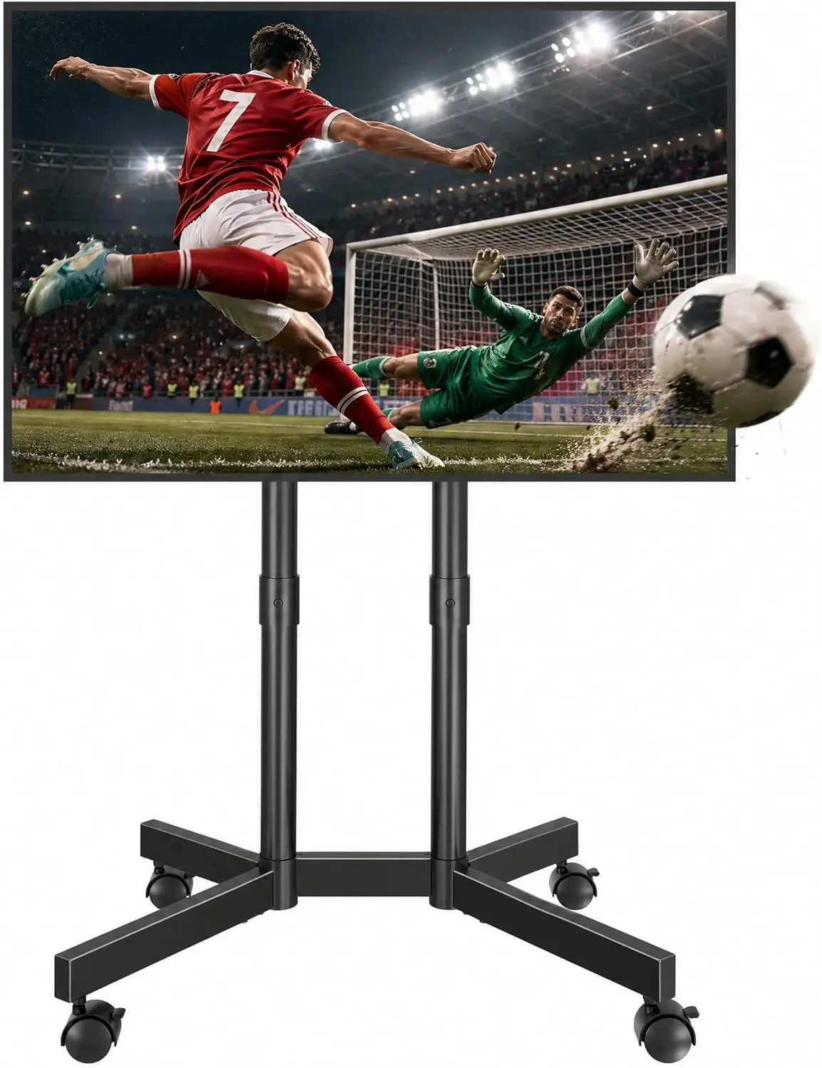 Mobile TV Stand on Wheels for 32-75 Inch Flat Panels, Height Adjustable Heavy Duty Rolling Cart, Black, 110 lbs Weight Capacity, Dual-Column Stable Frame, Integrated Cable Management, Indoor & Outdoor Use