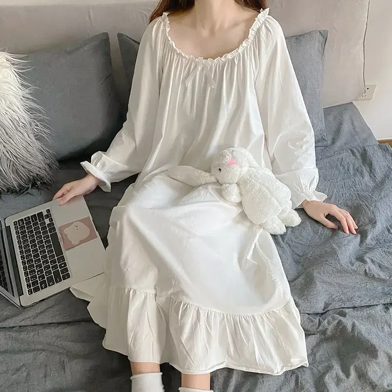 Sleepwear for Women Night Dress Korean Style Ruffles Pajamas Long Sleeve Nightie Loose Casual Nightgown Lace Ladies Dresses