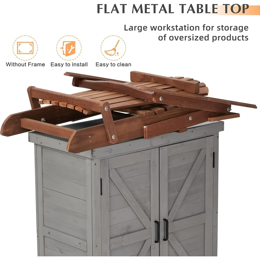 Armário de armazenamento ao ar livre e Potting Bench Table com Metal Top, Mobília de madeira do pátio, Garden Workstation