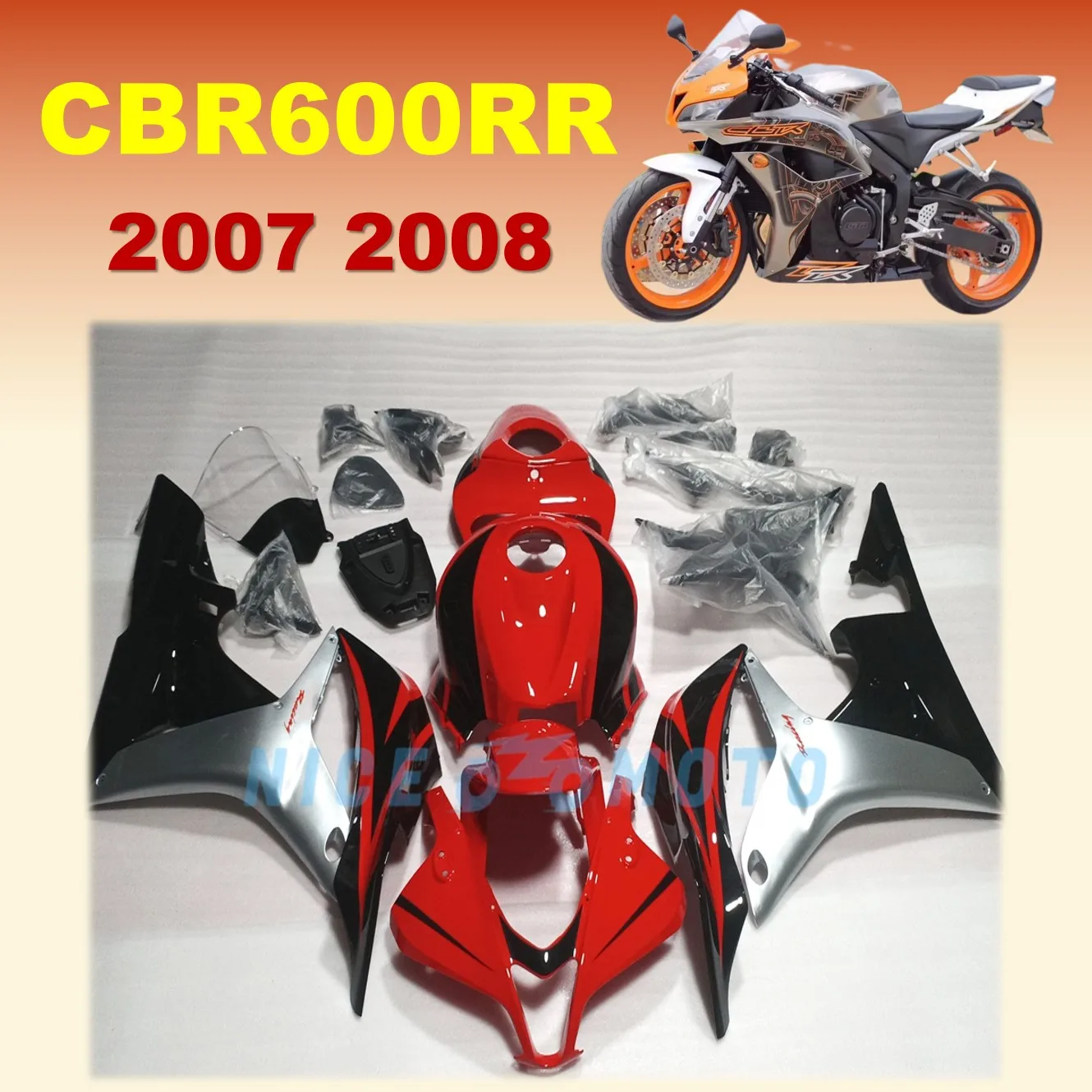 

Motorcycle Fairing Kit for Honda CBR600RR 2007 2008 CBR 600rr 07 08 Fairing Red Black silvery