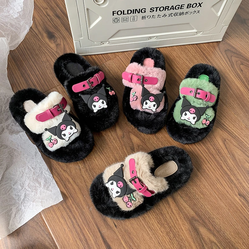 Sanrio Kuromi New Trend Fuzzy Slippers Y2k Girl Korean Fashion Thick Sole Shoes Women Cute Warm Plush Slippers Home Cotton Shoes