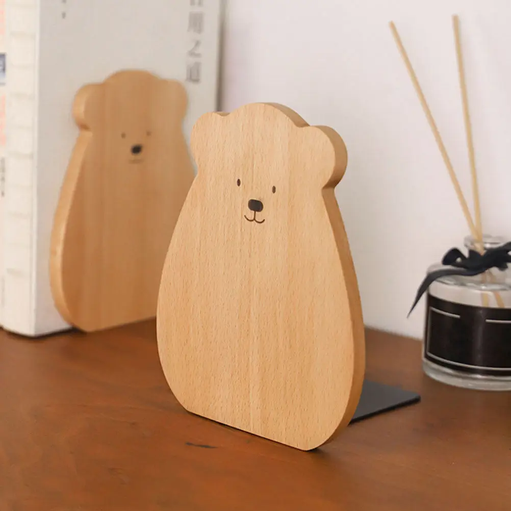 2Pcs Stylish Cartoon Bear Bookends Solid Wood Book Stopper for Home Office Bookshelf Desk Tidy Organization Modern Book