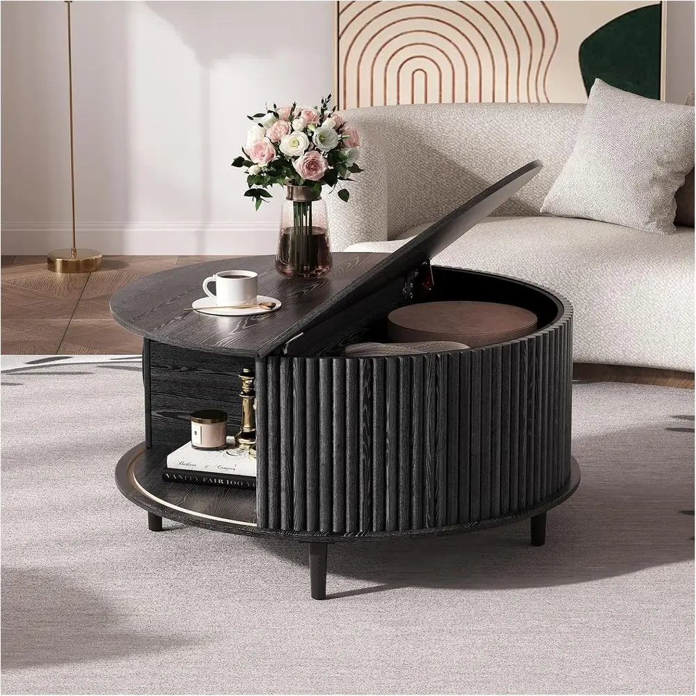 

Compact Storage Coffee Table, 31.5 Black Drum Style Table for Small Spaces, Center Table with Concealed Storage for Living Room