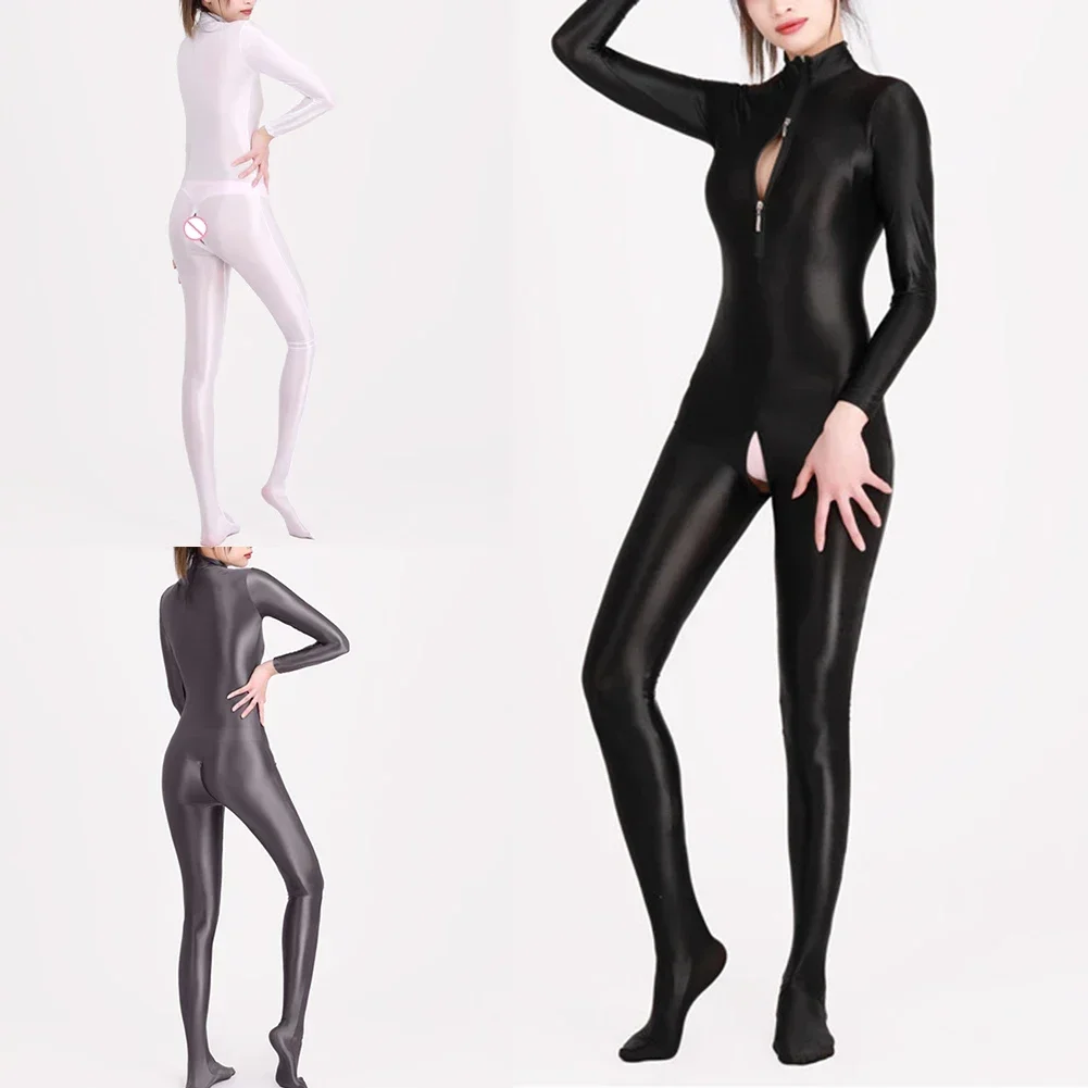 Damen öliger, glänzender, langärmliger, elastischer Body, Ganzkörperstrumpfhose, ouvert, seidiger Bodystocking, Nachtwäsche