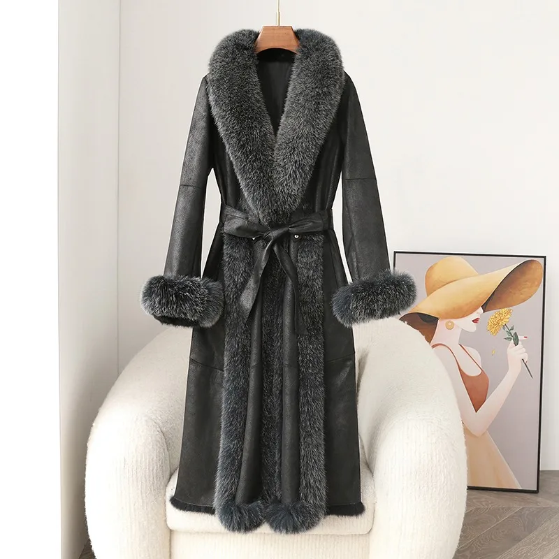 Lady Luxury Rabbit Fur Winter Slim Coat Fox Fur Collar Medium-length Real Fur Warm Jacket Parka JT417