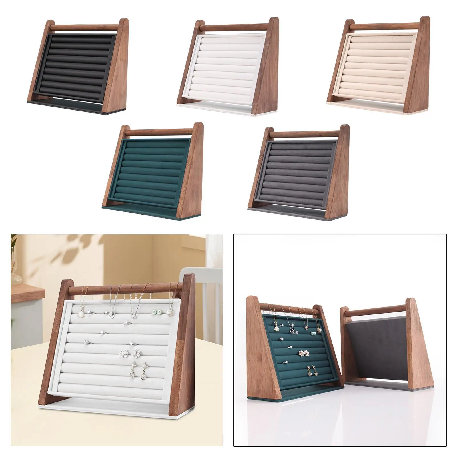 Rings Display Stand Jewelry Organizer Wood 9 Long Slots, Rings Showcase Tray,