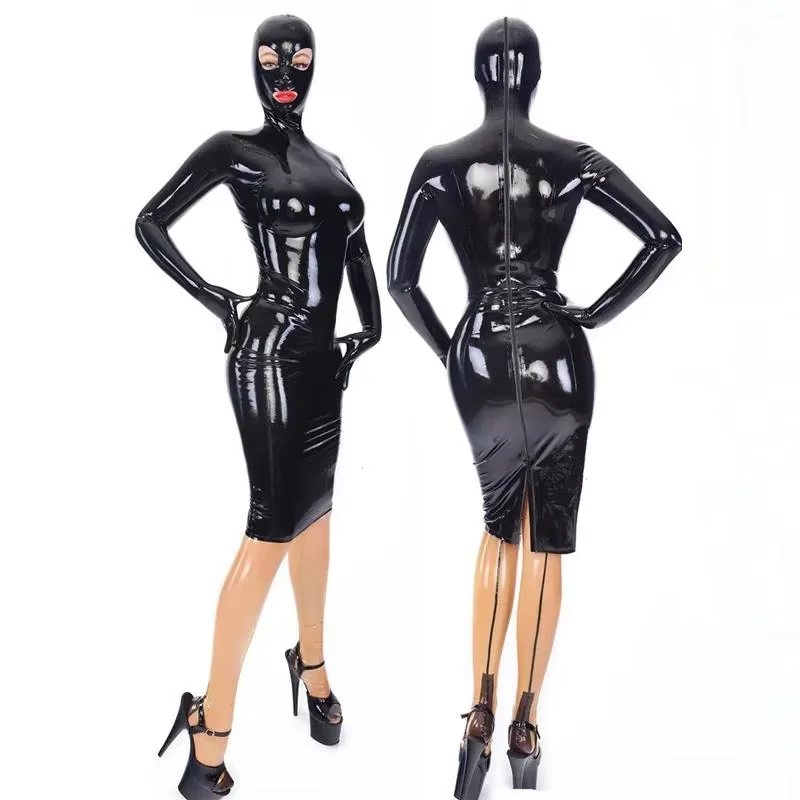 

Rubber Latex Women Men Black Long Sleeve Dress Mask Gloves Attached with 3D Breast Cup Handmade Costumes