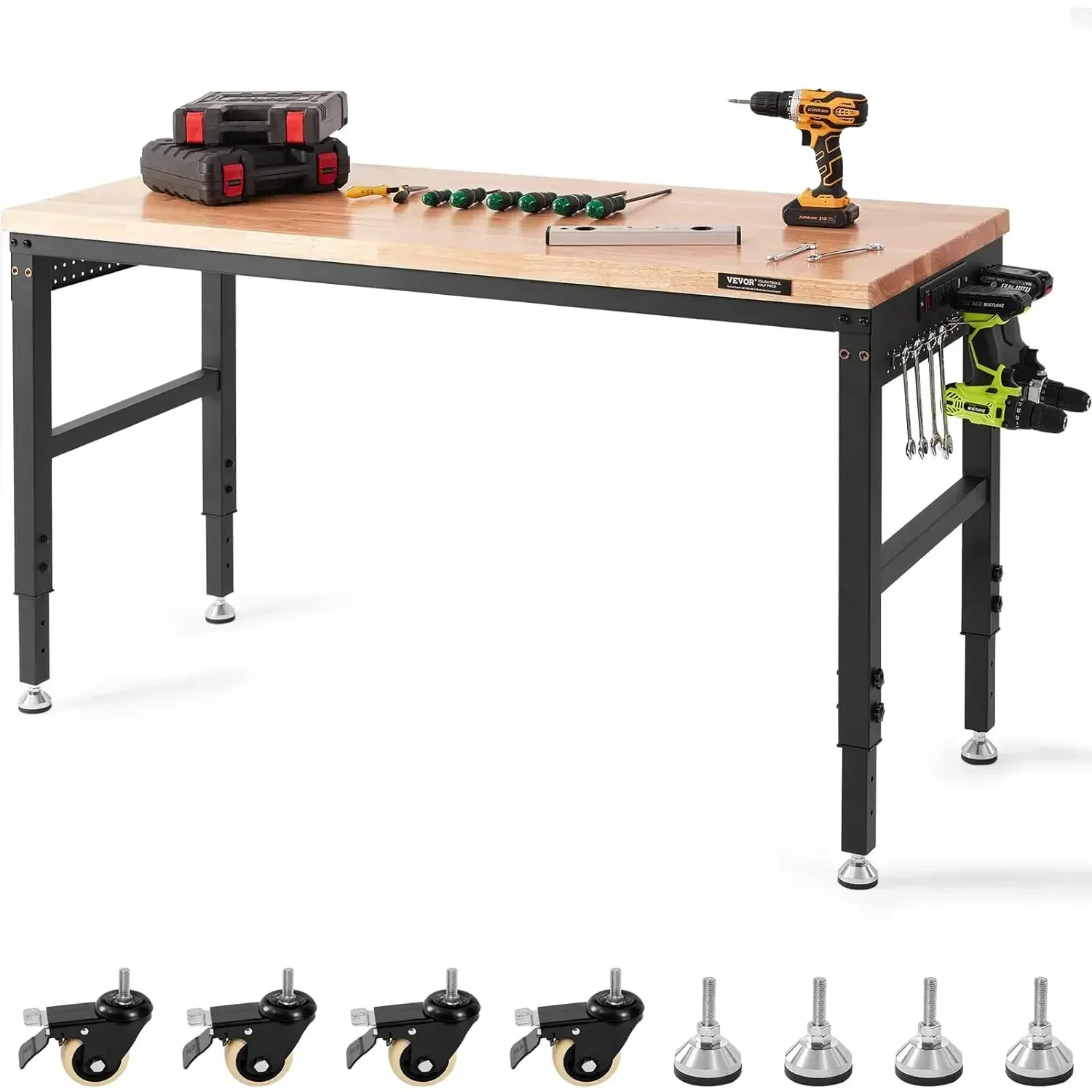 

Workbench for Garage 60" Adjustable Workbench, Heavy-Duty Hardwood Worktable with Universal Wheels, 2000 LBS Load Capacity