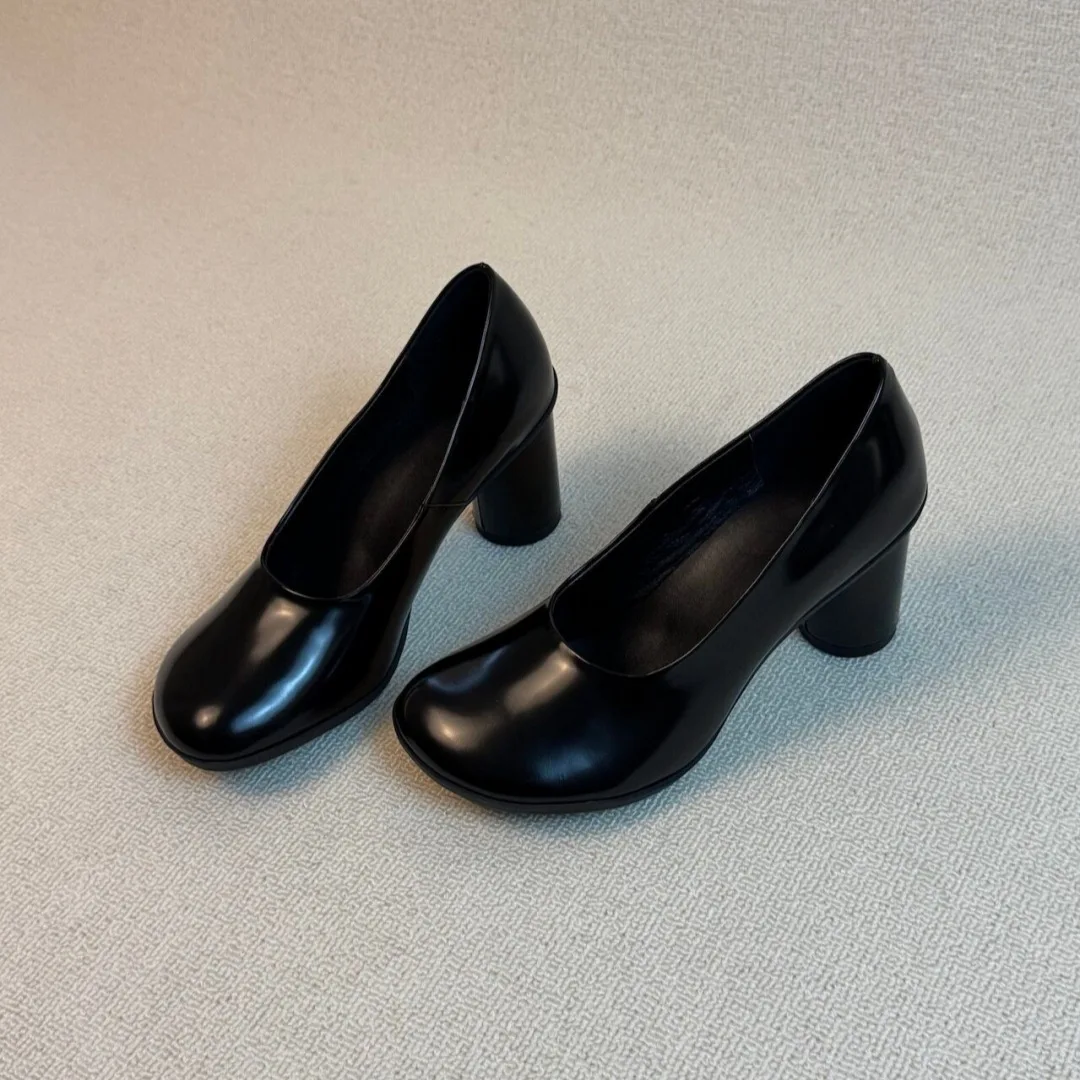 Black Round Head Women Loafers Thick Heels Ladies Shoes Solid Outdoor Zapatos Mujer Fall Female Pumps