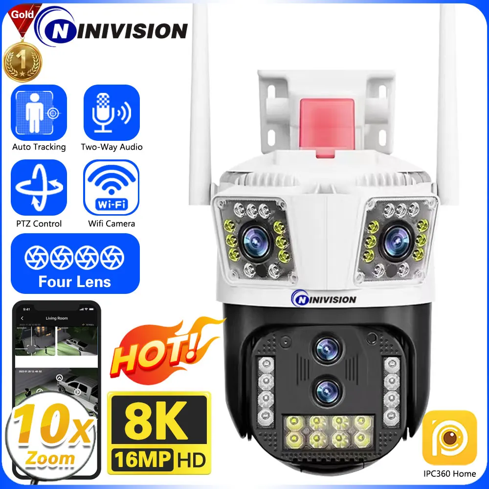 

8K 16MP WIFI IP Camera Outdoor 10X Optical PTZ Zoom Auto Tracking Four Lens Three Screen 2-Way Audio Wifi Surveillance Camera 6K