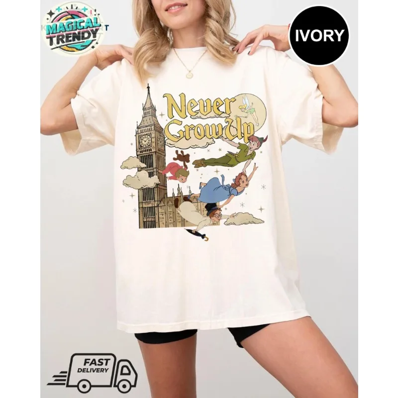Koszulka Letnia Nowość 2025 Retro Piotruś Pan Nie Dorasta Koszulka Retro Dzwoneczek Wendy Lot Nigdy Nie Się Zatrzymuje Koszulka Wakacje Rodzinne