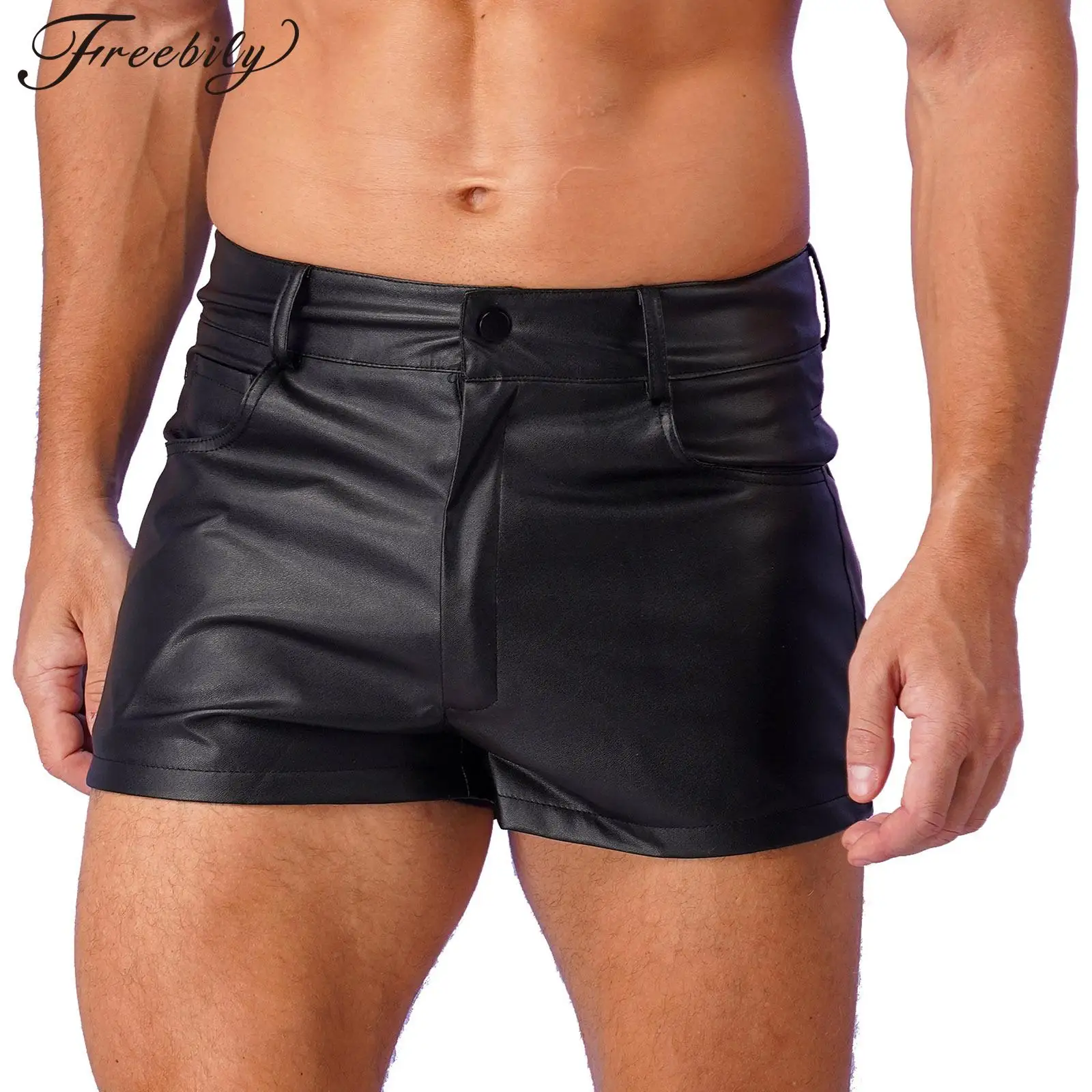 

Mens PU Leather Casual Short Pants Summer Solid Color Nightclub Shorts for Male Festivals Pole Dance Stage Performance Bottom