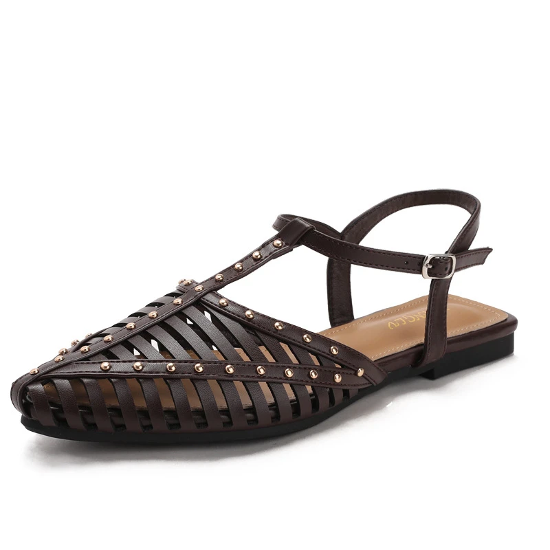 Damen-Hohlsandalen im römischen Stil, Retro-Nieten-Sandalen mit niedrigem Absatz und geschlossener Zehenpartie, Knöchelschnallenschuhe, Übergrößen, Sommer-Freizeitsandalen für den Strand – Detail 4
