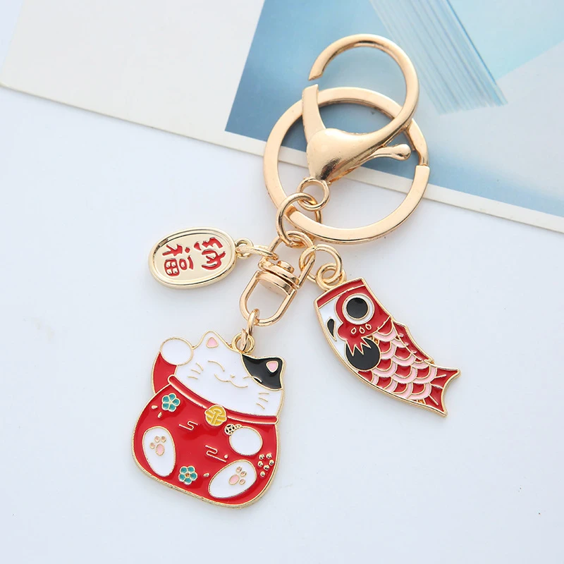 Cute Enamel Lucky Cat Keychain for Women Fashion Cherry Blossom Cat\'s Paw Koi Key Chain HandBag Decoration Jewelry Girls Gift