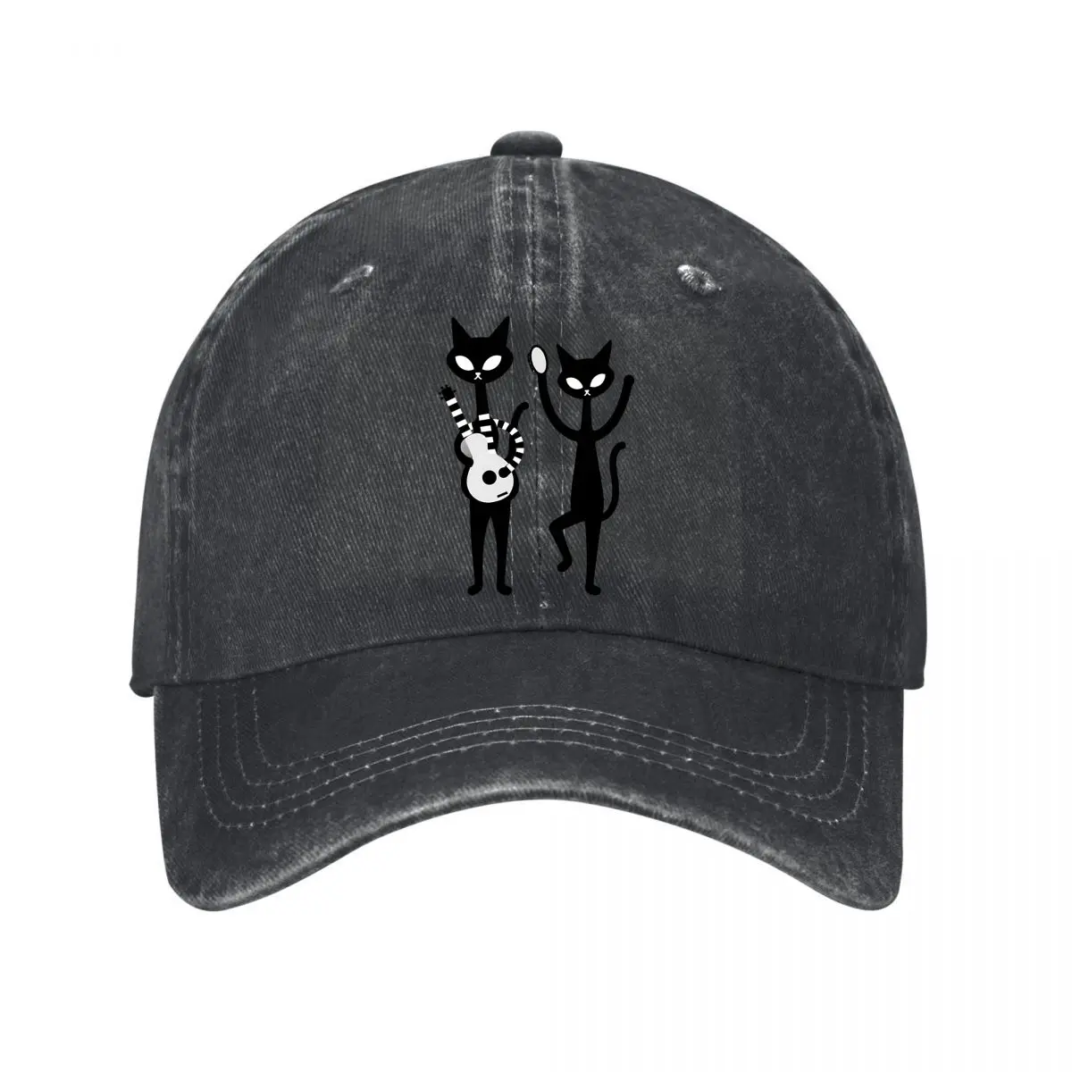 Black Cat Musician Guitar Duo Graphic Washed Baseball Cap Outdoor Hat