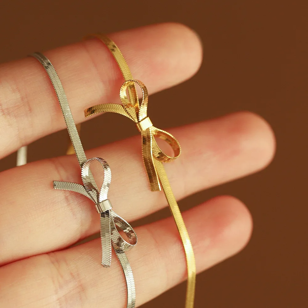 Stainless Steel Snake Bone Chain Necklace Women\'s Fashion Bow Water Drop Collarbone Necklace Exquisite Party Jewelry Girls Gift