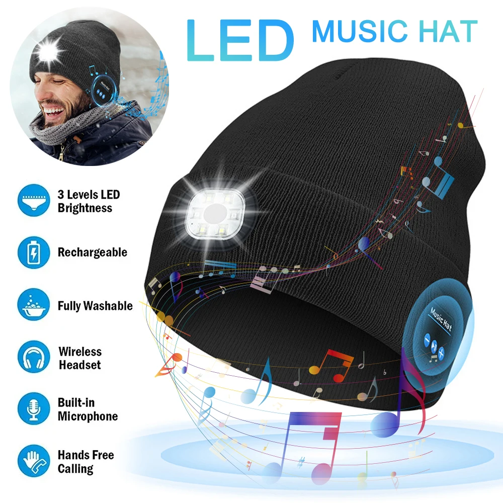 Music Beanie With Light & Wireless Bluetooth Headphones Outdoor Sports knit hat Unique Tech Gifts for Women Men Dad Father