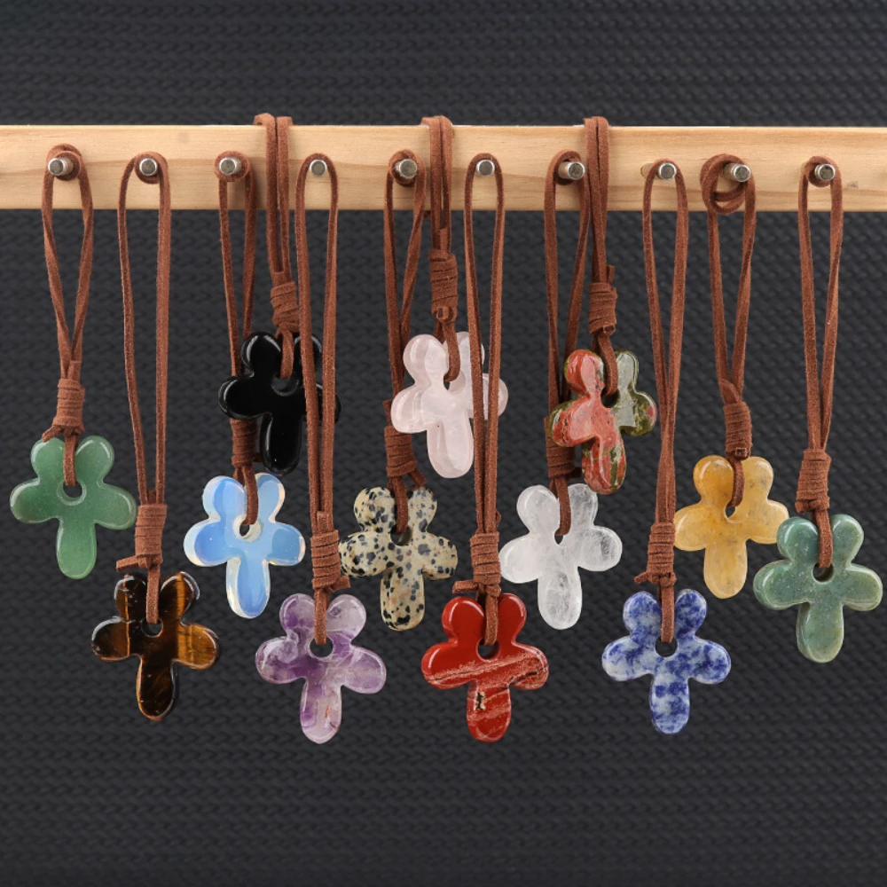 

31x35mm Natural Stone Pendant Carved Five-Petal Flower 13 Types Charm DIY Necklace Keychain Bag Accessory