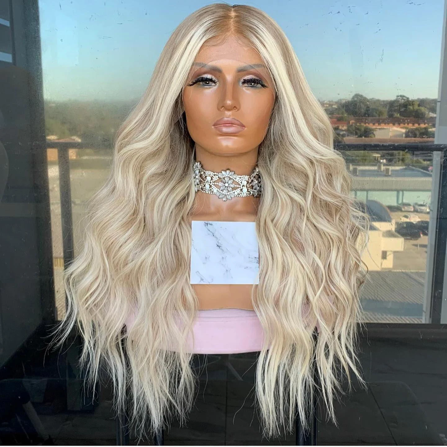 

Ash Blonde Luxury Wavy Wigs for Women Highlight Synthetic Lace Front Wig Realistic Look Blend Human Hair Wig Party Daily Wear&Go