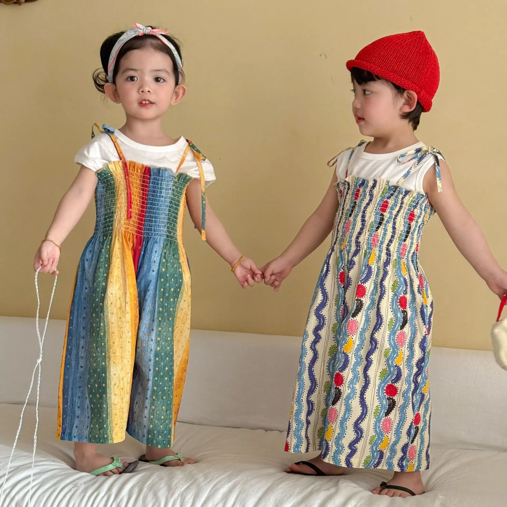 

2026 Summer New Children Casual Striped Overalls Loose Girls Sling Trousers Kids Jumpsuit Cute Boys Strap Pants Baby Clothes