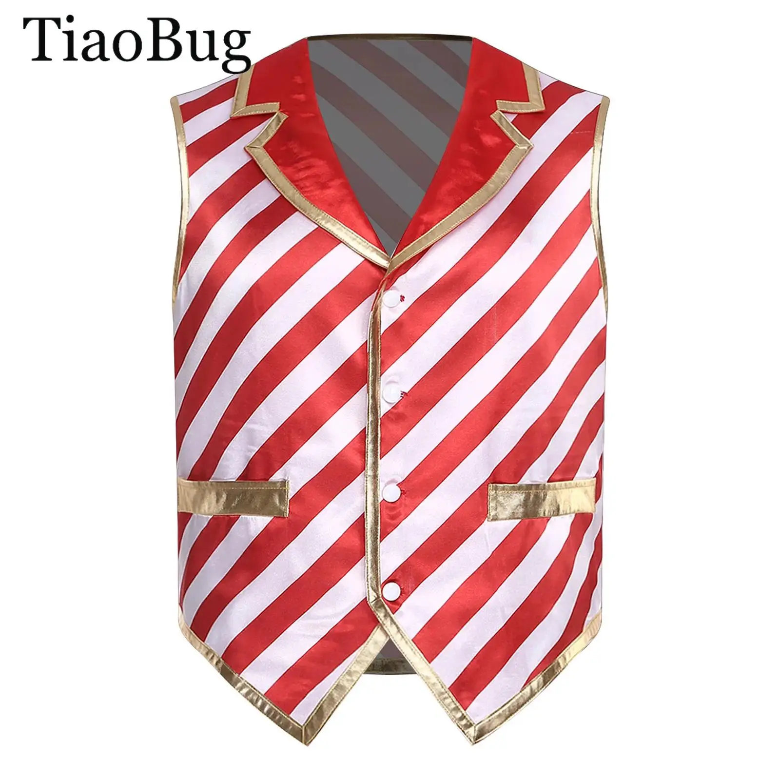 

Men Christmas Candy Cane Striped Vest Waistcoat Xmas Elf Circus Cosplay Santa Claus Top Metallic Shiny Hip-hop Jazz Dance Jacket