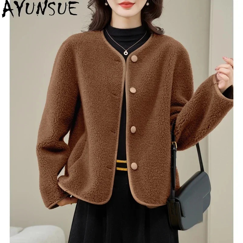 Elegant AYUNSUE Sheep Shearing Jacket for Women 2024 Winter Autumn Korean Style Short Granular Wool Coat Round-neck Outerwears