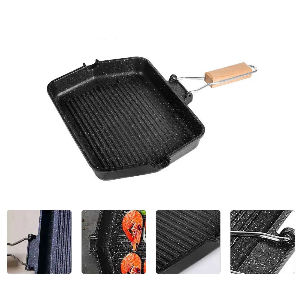 

1Pcs Bbq Grill Non-Stick Frying Pan Foldable Handle Heavy-Duty Iron Smokeless Kitchen Cookware Fish Steak Toast Baking Pan Black
