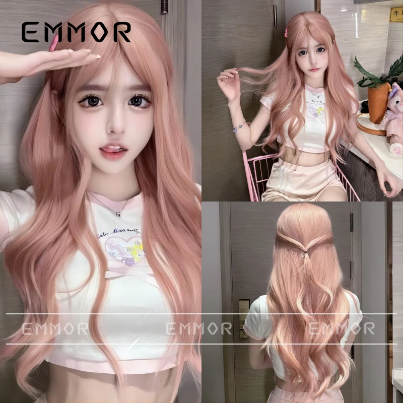 女性用：ピンクのロングカーリーヘア前髪付き、ロリータスタイル、スイートサマー新作フルヘッドウィッグ