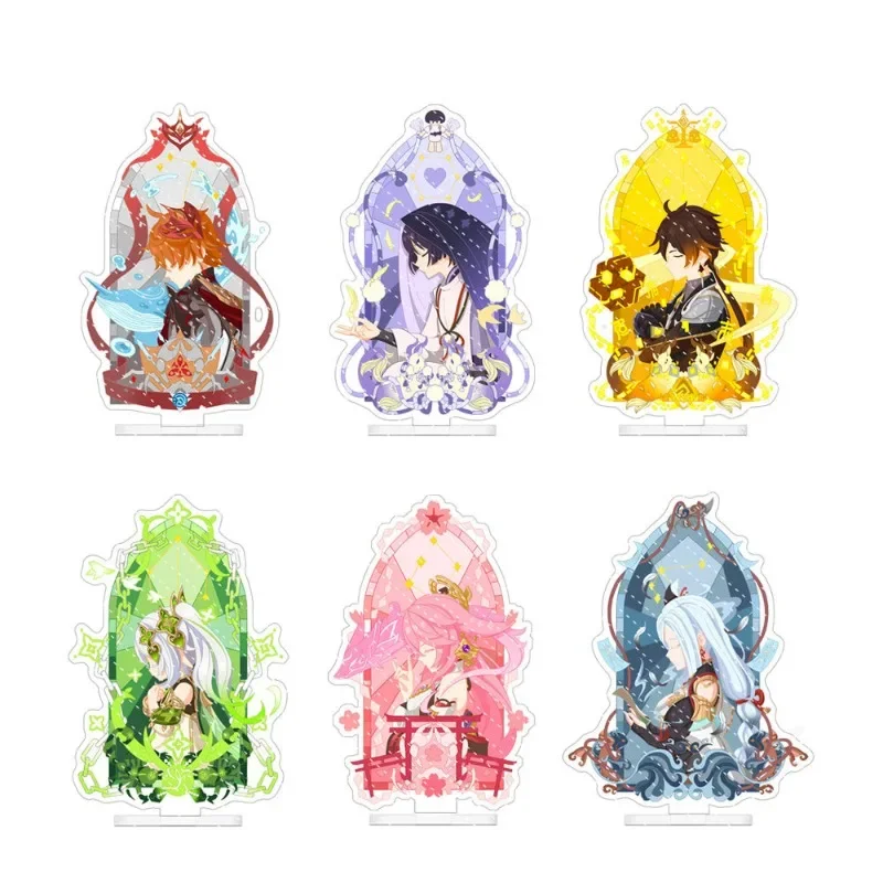 Dōjin Works Genshin تأثير النوافذ الملونة 15 سنتيمتر الاكريليك حامل الشكل البلاستيكية الدائمة نموذج لوحة زخارف مكتب الدائمة علامة المشجعين هدية