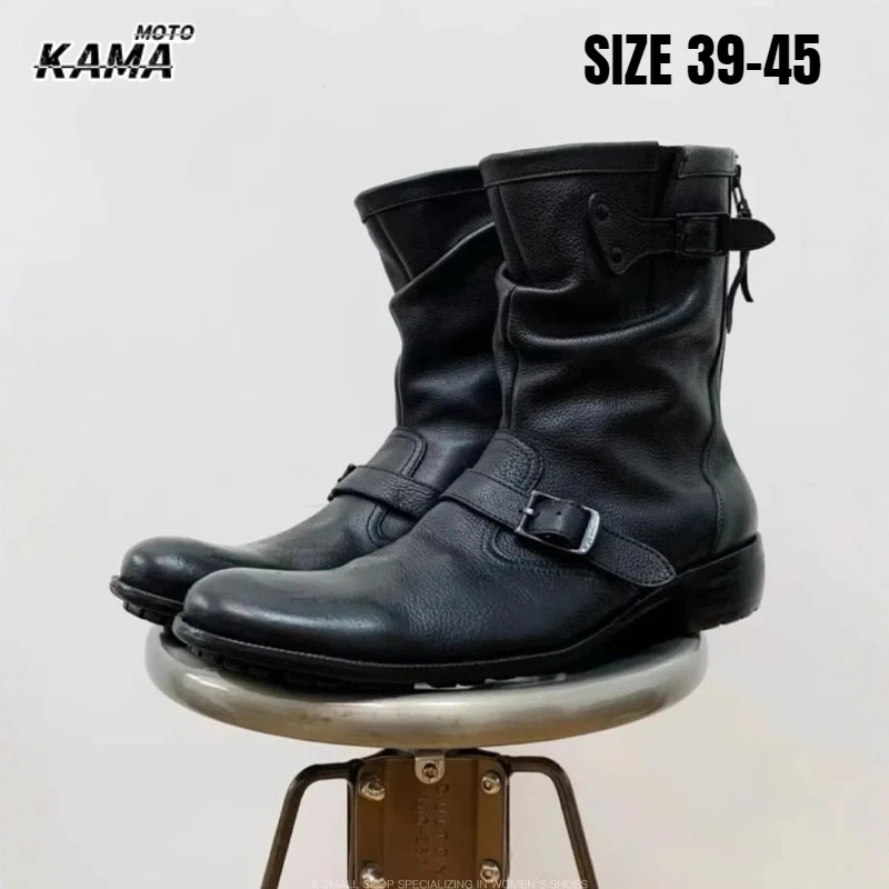 Buckle Strap Chelsea Boots Back Zippers Men's Boots British Style Men's Mid-Calf Boots Trendy Handmade Botas Para Moto