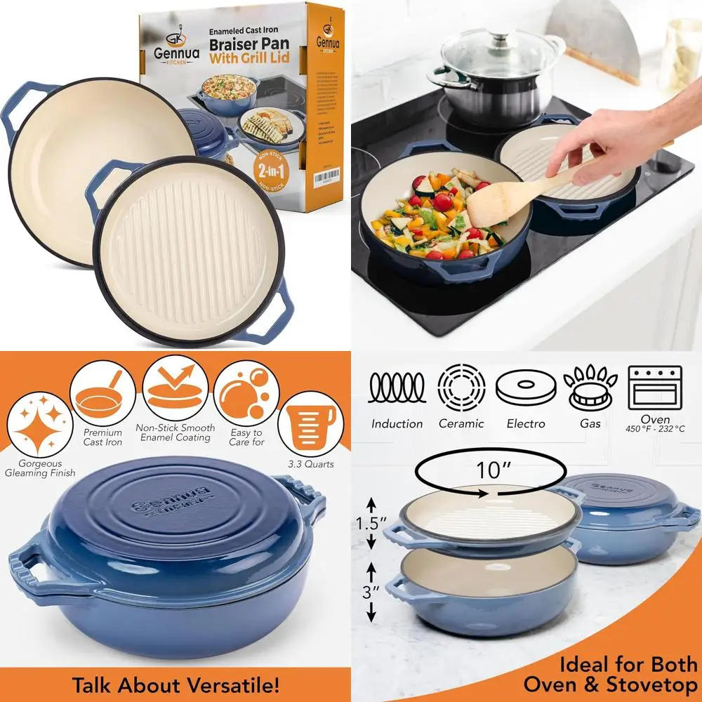 

Griddle Lid 2-in-1 Cast Iron Dutch Oven - 3.3 Qt, Casserole & Grill Pan, Enamel Coated Cookware
