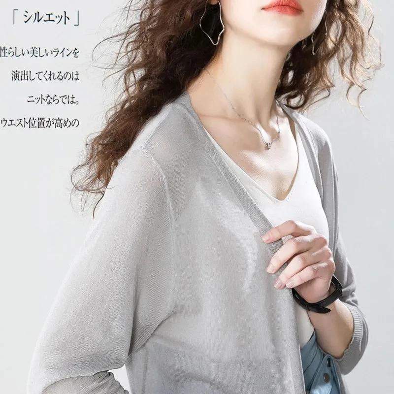 2024 الملابس النسائية سترة البلوزات محبوك دعوى متوسطة طول ربع الأكمام الصيف رقيقة شال فضفاض المناسب قميص سترة #5