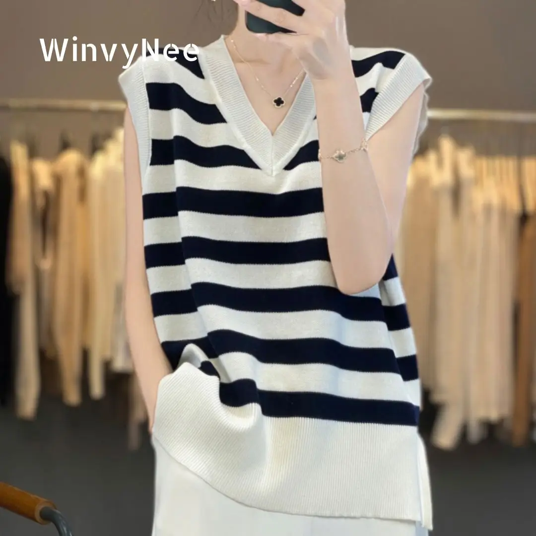 

Женская одежда WinvyNee: Стильный повседневный вязаный топ с глубоким V-образным вырезом, в рубчик, с разрезом, свободного кроя, весенняя мода, ZC1047028