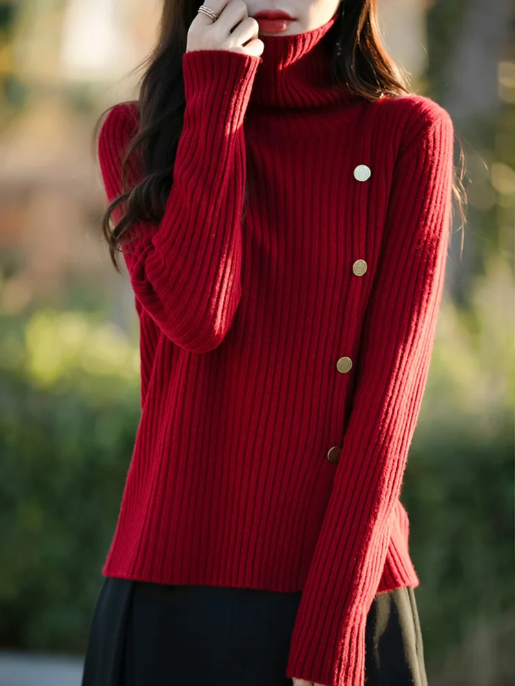 Unique Design Thiened High Collar Women's Knitted Sweater Slim Fit Side Slit Top Autumn Winter Staable Knit Base irt