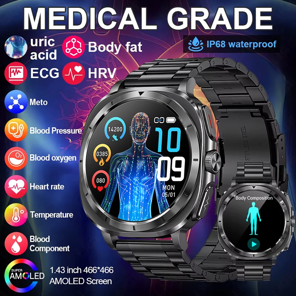 2026 Fashion New Expert level Health ECG+PPG Laser Monitor Uric Acid Smart Watch Men Blood Fat Blood Pressure NFC HD Call Watch