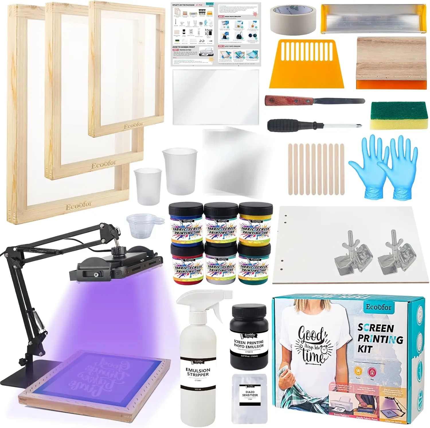 

Screen Printing Kit 63 pcs All-in-One Set with 50 W UV Exposure Lamp, 3 Size Wood Screen Printing Frames, 6 Colors Screen